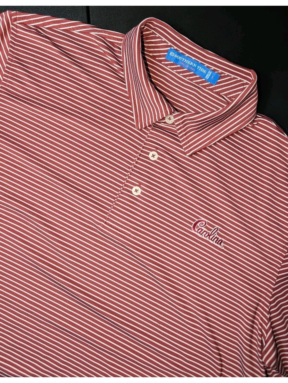 Southern Tide Trail Performance Polo Red White Stripe Script Carolina Gamecocks
